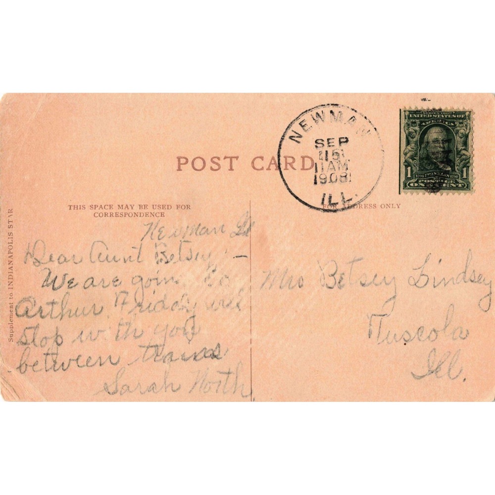 Vintage 1908 Postcard Girl with Flowers Indianapolis Star Supplement Newman IL - Picture 2 of 2